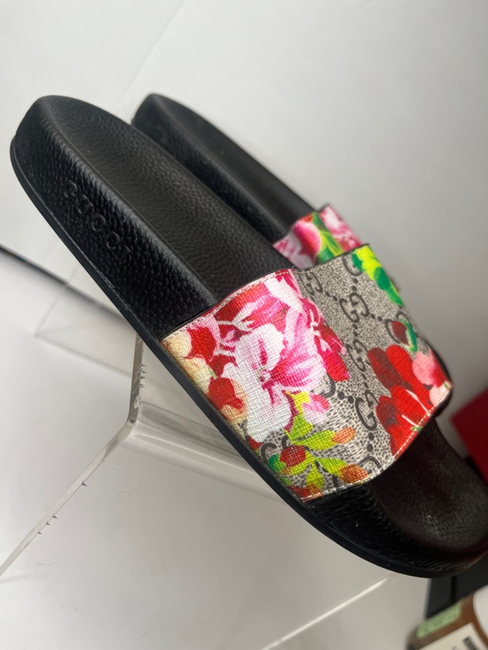 Gucci Floral Slide Sandals - Black with Multicolor Floral Strap - Picture 5 of 7